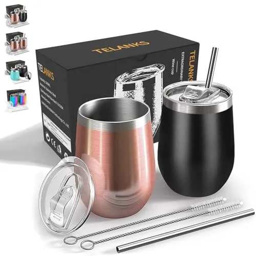 TELANKS Wein Becher to go - 2 Stück Edelstahl Isolierte Weingläser - Thermosgläser mit Doppelwand-Vakuumisolierung, halten Getränke bis zu 9 Stunden kalt, ideal für unterwegs und perfekt als Geschenk für Weinliebhaber.