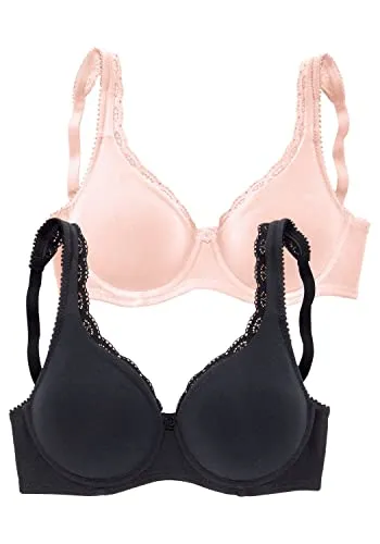 PETITE FLEUR Damen T-Shirt-BH mit Baumwolle & Spitze - Eleganter T-Shirt-BH im praktischen Doppelpack, mit feiner Baumwollqualität und dekorativen Spitzenkanten. Nahtlose Cups und eingearbeitete Formbügel sorgen für optimalen Tragekomfort - ideal für den Alltag.