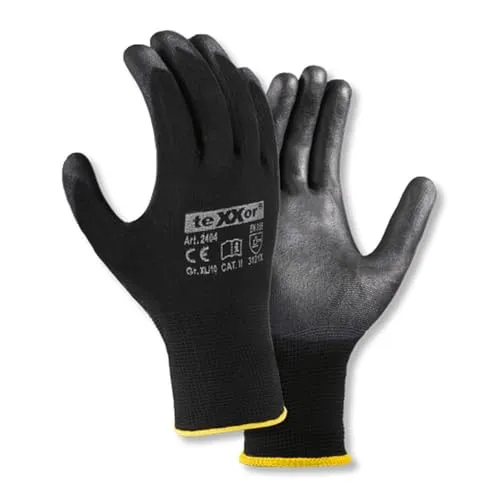 texxor 12 Stück Polyester-Strickhandschuhe 2404, PU beschichtet, Packung, schwarz, 7/S