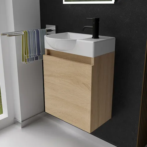 Alpenberger Gäste WC Waschbecken mit Unterschrank - Kompakte Badmöbel für kleine Bäder - Waschplätze: Praktisches Set mit 45 cm breitem Waschtisch und hängendem Unterschrank, ideal für Gäste-WCs. Softclose-Funktion für leises Schließen und elegantes Design mit eckig ovalem Waschbecken.