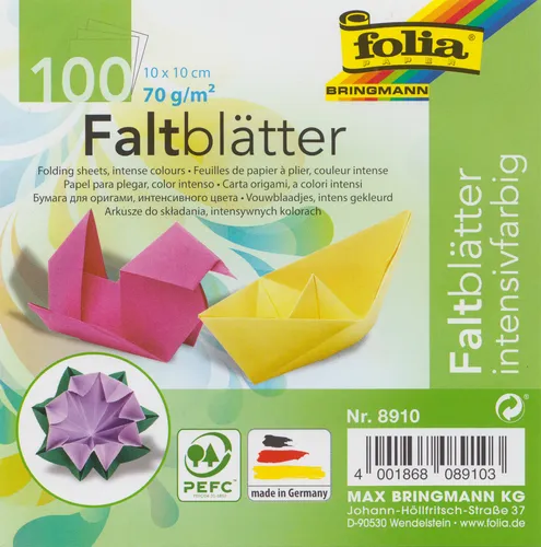 FOLIA Faltpapier 10x10cm 100 Blatt Origami 65g/qm Faltblätter 10 Farben