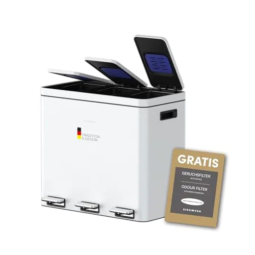 SIEGWERK Kolekto 3 - Design Mülleimer mit Soft Close - Stylischer Mülltrenner mit 3x18l Fächern und Kohlefilter zur Geruchsreduzierung. Praktisch mit seitlichem Haken für Tücher. In 5 eleganten Farben erhältlich.