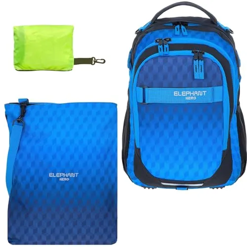Elephant Schulrucksack Jungen Mädchen ab 3. Klasse Schule Tasche Brustgurt Schultasche Rucksack mit Sportbeutel Attach Bag und Regenhülle Premium 3 Teile Set Auswahl rtp (Dark Blue Cube 12868)