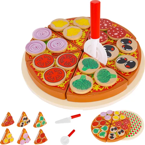 Pizza-Set Zubehör aus Holz für Kinderküche und Kaufladen Inklusive Schneidebrett und Pizzaschneider 27 Teile 22471