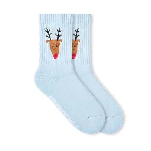 von Jungfeld Kinder Tennissocken Sportsocken aus Baumwolle I Lustige Socken Geschenk I Kindersocken mit Weihnachtsmotiv Gr. 23-34 (DE/NL/SE/PL, Numerisch, 31, 34, Regular, Rudolph - Light Blue)