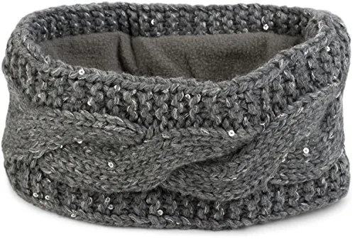 styleBREAKER Damen Stirnband Grobstrick mit Zopfmuster und Pailletten, warmes Fleece Innenfutter, Haarband, Headband 04026002, Farbe:Grau