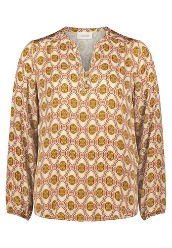 Cartoon Damen Casual-Bluse mit Knöpfen 38, Brown/Rosé - Damenbluse mit V-Ausschnitt und grafischem Muster, figurumspielend und ideal für lässige Anlässe. Perfekt für den Alltag und bequem zu kombinieren.