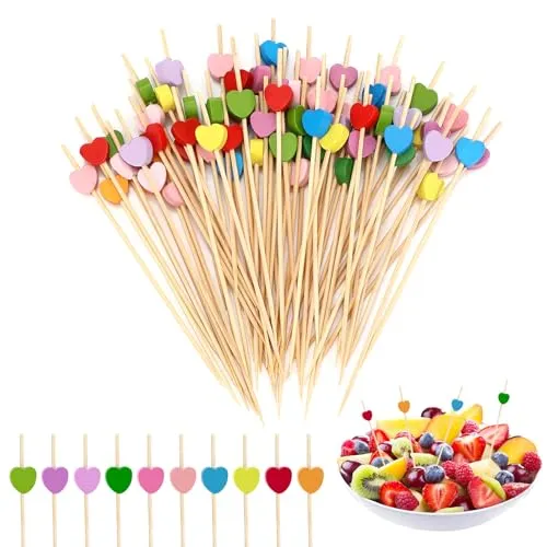 Sprifityy 100 Stück Cocktailspieße, 12cm Cocktail Deko, Cocktail Sticks, Fingerfood Spieße, Holz Zahnstocher Mit Niedlicher Herzförmig,Geeignet für Geburtstag Party und Fasching Party (Herzform)
