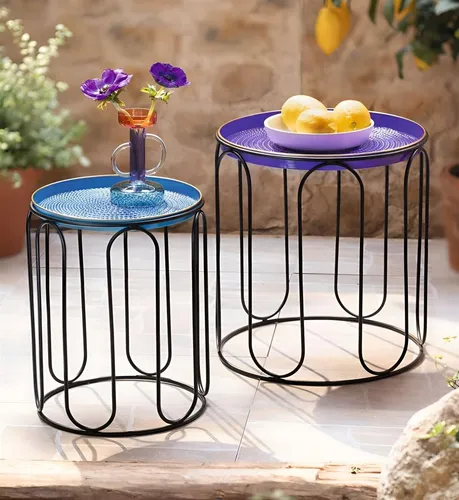 Metall Beistell Tisch Set mit Servier Tablett in Blau in blau von Dekoleidenschaft