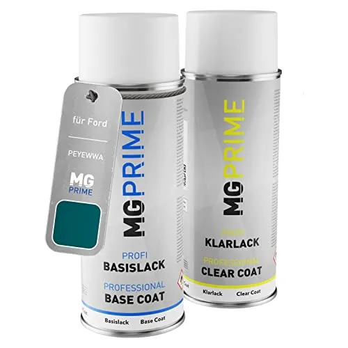 MG PRIME Lack Spraydose für Ford PEYEWWA / PNPEH0 / D Pacific Green Me. +1K | Pacifcgrün Metallic / Pacific Green Metallic, Autolack, Set aus Basislack + Klarlack, Sprühdosen 400ml