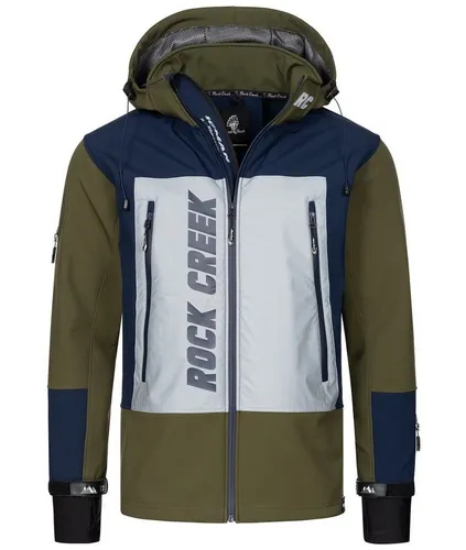 Rock Creek Herren Softshelljacke H-238 Dunkelgrün 4XL - Funktionsjacke für Outdoor-Aktivitäten, wasserabweisend und winddicht, ideal für Übergangszeiten mit abnehmbarer Kapuze und reflektierenden Elementen für mehr Sichtbarkeit.