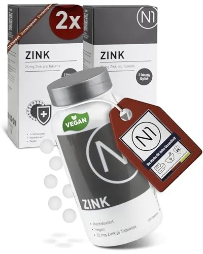 N1 Zink Tabletten 25mg - 2x 365 St. Jahresvorrat - Vegan - Hochdosiert - Hochdosierte Zink Tabletten für die tägliche Einnahme. Ideal für eine langfristige Versorgung. Vegan, ohne Allergene und in geprüfter Qualität aus Deutschland.