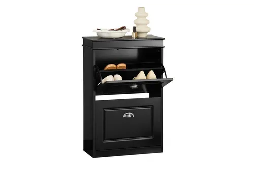 SoBuy Schuhschrank FSR78/FSR79/FSR94 - Eleganter Schuhkipper - Schuhschrank in Schwarz mit Klappen und Ablageflächen, ideal für platzsparende Aufbewahrung im Flur oder Eingangsbereich.