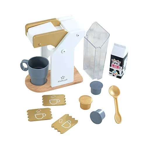 KidKraft Goldene Kaffeemaschine aus Holz für Kinder - Küchen-Spielzeugsets mit realistischem Kaffee-Set, inklusive Kaffeepads und nachfüllbarem Wasserbehälter für kreativen Spielspaß.