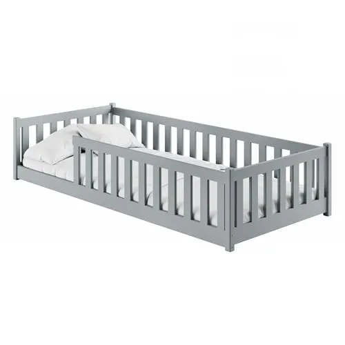 Kids Collective Kinderbett 90x190 cm mit Rausfallschutz - Montessori-Bodenbett aus FSC-zertifiziertem Kiefernholz, sicher und stabil bis 100kg, ideal für Kinder von 4 bis 18 Jahren.