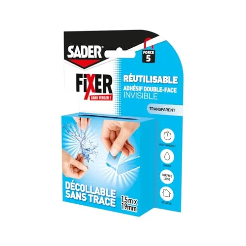 Sader Befestigung ohne Bohren unsichtbar – doppelseitiges Klebeband extra unsichtbar – innen – glatte Oberflächen – rückstandslos abziehbar – wiederverwendbar – Farbe: transparent – 1,5 m x 19 mm