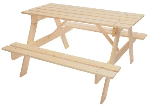 TIMBELA M018-1 Kindersitzgarnitur aus Naturholz - Kinderzimmertisch & -stuhlsets aus kindersicherem Holz, ideal für drinnen und draußen. Stabil und pflegeleicht, perfekt für kreative Spiel- und Essenspausen im Freien.