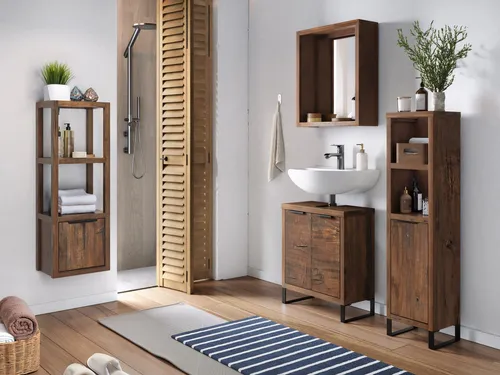 massivum Hochschrank Badset 4tlg. Sydney Pinie dunkel - Elegantes 4-teiliges Badset aus lackierter Pinie in Braun. Flexibel einsetzbar als Hängemöbel. Inklusive Hängeregal, Waschbeckenunterschrank, Spiegel und Hochschrank für optimalen Stauraum.