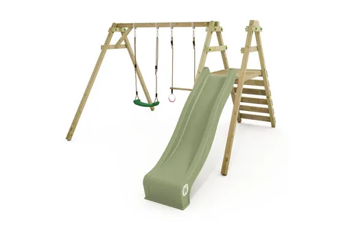 Wickey Smart Dash Gartenschaukel mit Rutsche und Zubehör – Hellgrün - Die Wickey Smart Dash Doppelschaukel bietet Spielspaß mit Rutsche, Trapez und Turnringen. Ideal für den Garten – kombiniert Schaukeln und Klettern auf kleinem Raum.