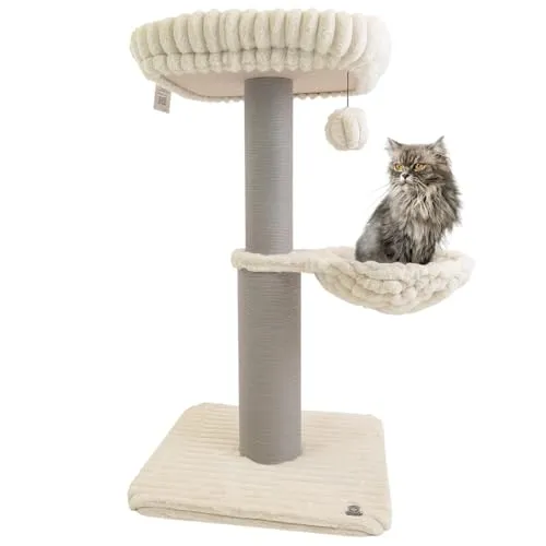 CanadianCat Company | Kratzbaum Louis Beige 124 cm hoch - Stabiler Katzenkratzbaum mit Hängemulde, Liegeplattform & Papier-Kratzsäule - 68 x 68 x 124 cm