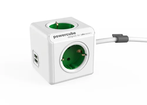 Allocacoc PowerCube Extended USB Grün 1,5m Kabel - Steckdosen & Zubehör, praktischer 4-fach Verteiler mit 2 USB-Anschlüssen für bequemes Laden und Stromversorgung überall