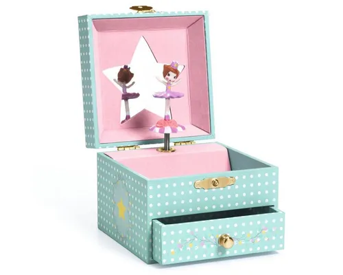 DJECO Musik Schmuckkästchen Ballerina - Viereckiger Schmuckkasten (10,5 x 10,5 x 8,5 cm) mit melodischer Musikdose und zauberhafter Ballerina, ideal zur Aufbewahrung von Schmuck und Geheimnissen.