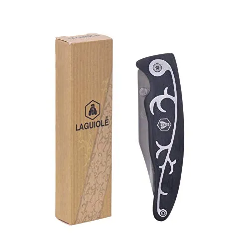 LAGUIOLE - Jagdmesser mit schwarzem Pakka-Holzgriff und eingelegter Arabeskenverzierung - Klinge aus Edelstahl - -