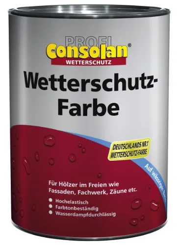 Consolan Profi Wetterschutzfarbe Schwarz 2,5l - Hochdeckend und Wetterfest - Wetterfeste Farbe für bis zu 10 Jahre, schnell trocknend und geruchsarm. Ideal für Außenanstriche, extrem elastisch und blättert nicht ab. Farbtöne sind mischbar.
