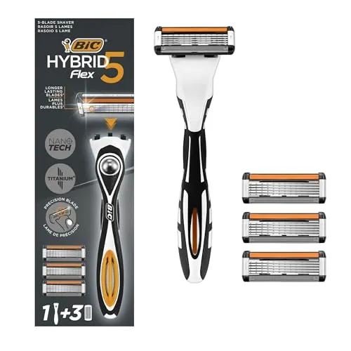 BIC Hybrid 5 Flex Rasierer Herren, Nassrasierer mit 3 Wechselklingen mit je 5 Klingen, mit Aloe Vera und Vitamin E, mit Präzisionstrimmer