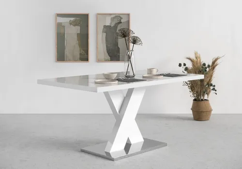 INOSIGN Esstisch Ali - Moderner Küchentisch in Weiß Hochglanz - Esstisch mit fest montierter Tischplatte, Breite 160 cm und stilvollem X-Gestell aus weißem Metall. Ideal für ein frisches und individuelles Wohnambiente.