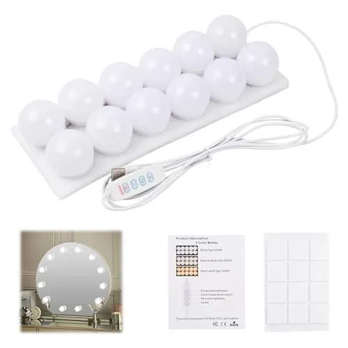 Jinlaili 12 LED Spiegelleuchte mit 3 Farbe, Hollywood-Stil Dimmbar Schminklicht, Schminktisch Leuchte, Makeup Lampe, Make Up Licht, Schminkleuchte, Spiegellampe für Kosmetikspiegel, Badzimmer Spiegel