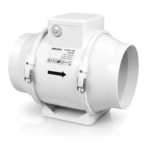 Airflow Aventa 150B Rohrventilator 150mm – 2-Stufen, Energiesparend 30W, Luftstrom 405–520 m³/h (112–144 l/s), IPX4 Schutzart, Kompaktes Design (250x295x185 mm), 3 Jahre Garantie