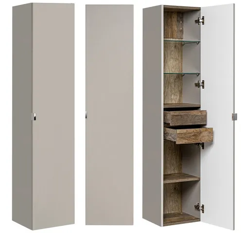 Lomadox Hochschrank PUEBLA-56-TAUPE - Vintage Design in Taupe - Hochschrank für Badezimmer mit 2 Türen und Softclose-System, vereint modernes Vintage-Design mit natürlicher Harmonie durch taupe und Vintage Oak Eiche.