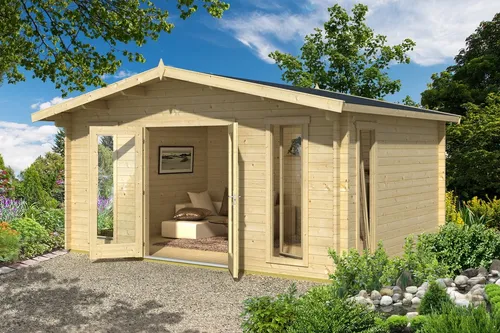 Gartenhaus Holz 44mm ELGIN GOLD - 500x380cm mit ISO Glas - Gartenhaus aus 44mm Holz mit Doppelnut, isoliertem Glas und robustem Boden, ideal für Gartenliebhaber und als zusätzlicher Stauraum.