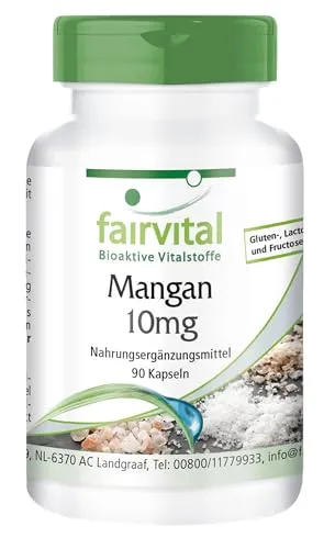 Fairvital | Mangan Kapseln 10mg - 90 Kapseln - HOCHDOSIERT - aus Mangangluconat - Vegan - essentielles Spurenelement - Manganese