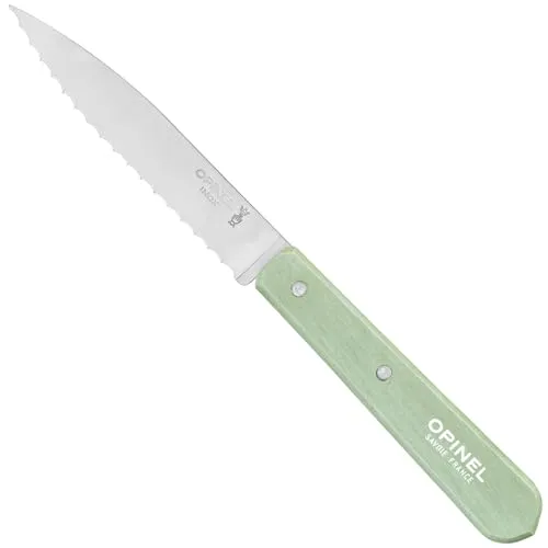 Opinel Rillenmesser No 113 PAYSAGE salbei 9,4 cm, gezahntes Küchenmesser mit 12C27 Edelstahlklinge und Buchenholzgriff, feststehendes Tomatenmesser