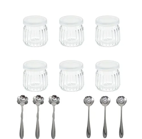 Tikwisdom 1 Set (6 Gläser mit 6 Blumen-Dessertlöffeln) Joghurtgläser Puddingglas mit Deckel, Ersatzgläser für vertikale Streifen, 100 ml