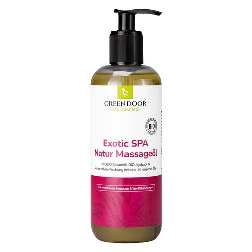 GREENDOOR Massageöl XL Exotic SPA mit Pumpspender - Das GREENDOOR Massageöl XL bietet langanhaltende Gleiteigenschaften für professionelle Massagen. Mit edlen BIO Ölen und ätherischen Düften sorgt es für ein einzigartiges Wellness-Erlebnis. 500ml Sparpackung mit praktischem Pumpspender.