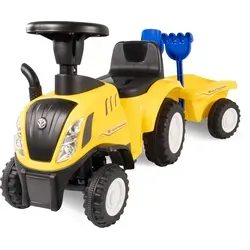 Rutschauto Traktor New Holland gelb mit Anhänger - Kinderfahrzeug für 1-3 Jahre, mit abkoppelbarem Anhänger, Schaufel und Rechen. Fördert Motorik und Entdeckungsfreude in sicherer Qualität.