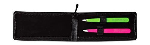 nippes Solingen PinzettenSet 2teilig Schräg und Abgewinkelt Im LederEtui Pinzette Augenbrauen Zupfen Pinzette Spitz Zur präzisen Haarentfernung Made in Germany, Mehrfarbig, 1 stück