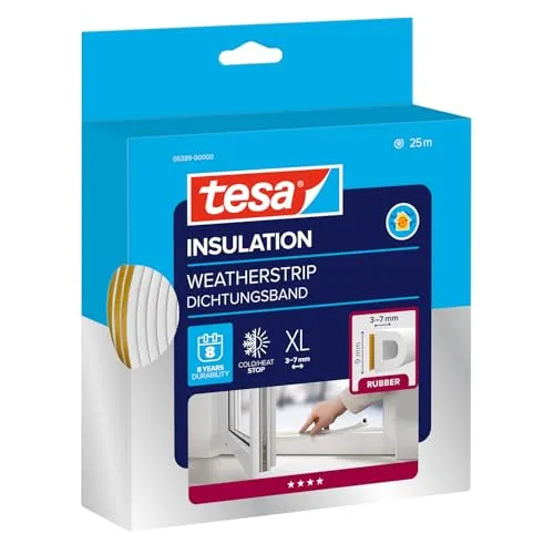 tesa INSULATION Gummidichtung XL - Selbstklebende Dichtung zum Isolieren von Spalten an Fenstern und Türen - Weiß - 25 m x 9 mm x 7 mm