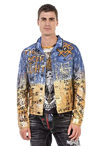 Cipo & Baxx Herren Jeansjacke CJ265 Blau-Gold – Auffällige Denim Jacke im Modernen Design mit Prints, Schriftzügen & Nieten – Stylische Übergangsjacke für Alltag, Freizeit & Party – CJ265 Blau-Gold M