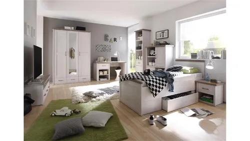 Jugendzimmer 7-teilig Set Luca – Schreibtisch, Regal, TV-Board & Highboard in Pinie Weiß