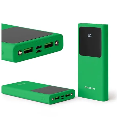 FOREVER Colorum Power Bank 10000mAh Grün - Tragbarer Externer Handy-Akku mit USB-C oder microUSB - Powerbank mit Display LED - Gleichzeitiges Laden von Zwei Geräten - Powerbank mit Zwei LED-Dioden