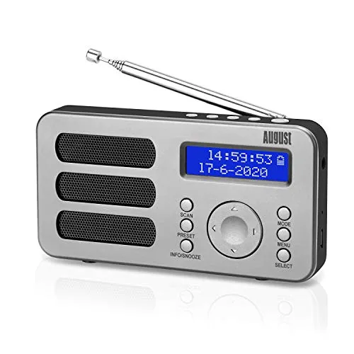 August MB225 - Tragbares Radio mit DAB+ / DAB/FM RDS-Funktion 40 Presets digitaler Radiowecker Stereo/Mono Digitalradio mit Sleeptimer Doppelalarm Snooze und wiederaufladbare Batterie Audioanschluss