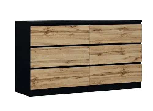 3E 3xE living.com Kommode mit 6 Schubladen, Farbe: Schwarz/Wotan Eiche, A: 140 x 79 x 39 cm