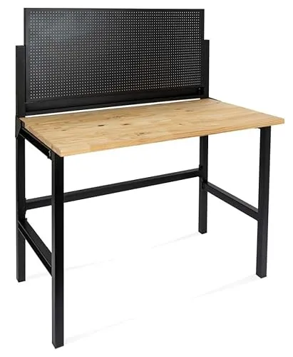 TrendLine Klappbare Werkbank mit Massivholzplatte & Lochrückwand - Werkbänke mit stabiler Massivholzplatte und praktischer Lochrückwand für flexibles Arbeiten und optimale Werkzeugintegration.