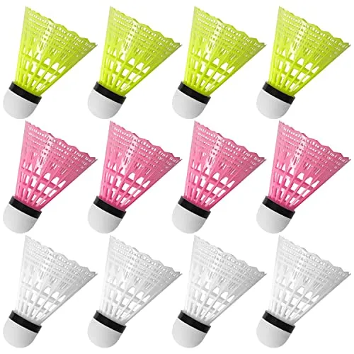 FYSL Federball Set 12 Stück Langlebige Badminton Bälle, Hochwertige Nylon Federbälle Speed für Draußen, Übung, Freizeit, Einsteiger (Weiß+Gelb+Rosa)