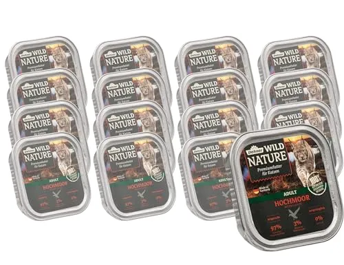 Dehner Katzenfutter Adult Hochmoor mit Ente/Pute 16 x 100 g - Nassfutter für Erwachsene Katzen, ideal für empfindliche Tiere. Hochwertige Zutaten in praktischen Schalen, insgesamt 1,6 kg für eine ausgewogene Ernährung.