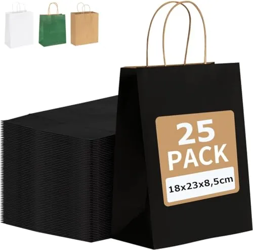 PAKNOR® 25stk Schwarz Papiertüten mit Henkel - 18 x 21 x 8 cm, Papiertragetasche mit Kordelgriff, Geschenktüten, Kraftpapiertüte, DIY Adventskalender (Schwarz - 25 Stück)